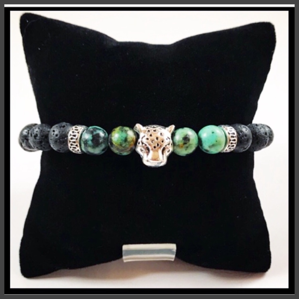 Men or women green turquoise lava rock panther